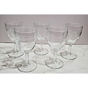 Standard Glass Co Wine Glass Set 5 Stemmed Etched 6-7/8" Criss Cross Banded VTG